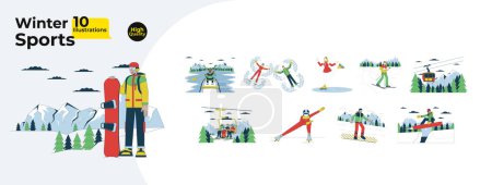 Ilustración de Actividades deportivas de invierno línea de dibujos animados paquete de ilustración plana. Ropa de abrigo de nieve diversos personajes lineales 2D aislados sobre fondo blanco. Snowboard estación de esquí vector color colección de imágenes - Imagen libre de derechos