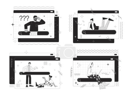 Búsqueda de información en línea 2D linear illustration concept set. Los usuarios de Internet personajes de dibujos animados aislados en la colección blanca. Información de navegación metáfora en línea arte vectorial monocromo