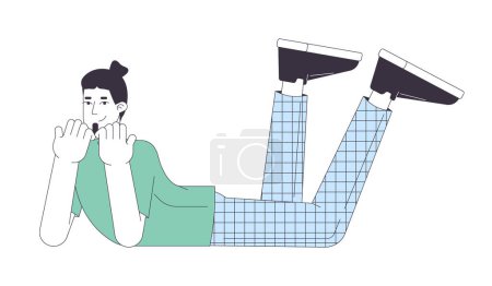 Happy young man lying 2D linear cartoon character. Taking break. Caucasian male resting isolated line vector person white background. Relaxation on free time color flat spot illustration