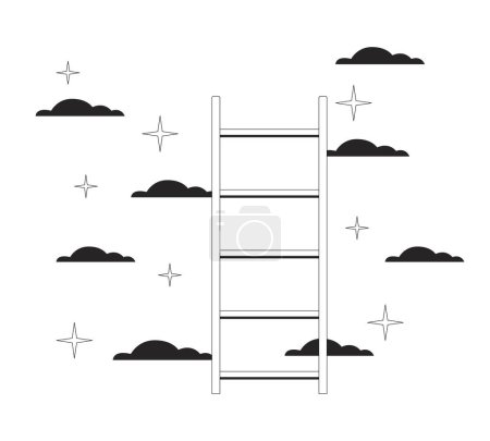 Illustration for Ladder to stars clouds black and white 2D line cartoon object. Reaching moving up ladder cloudscape isolated vector outline item. Accomplishment achievement dream monochromatic flat spot illustration - Royalty Free Image