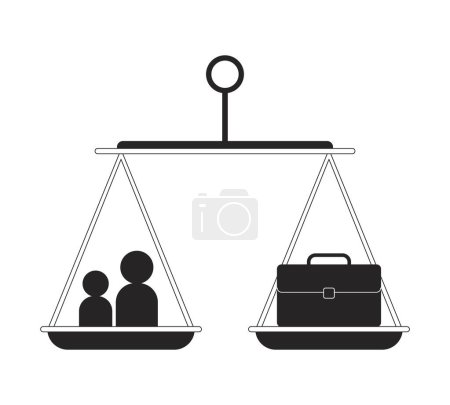 Work life balance scale black and white 2D line cartoon object. Professional and personal life stability equilibrium isolated vector outline item. Comparison monochromatic flat spot illustration