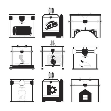 Produits et pièces imprimés en 3D noir et blanc ligne 2D objets de dessin animé ensemble. Machines de fabrication additive collection isolée de contours vectoriels. Imprimantes 3D illustrations monochromes à points plats