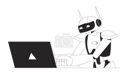 Illustration for Artificial intelligence at laptop black and white 2D line cartoon character. Robot at computer isolated line vector personage white background. Robotics technology monochromatic flat spot illustration - Royalty Free Image