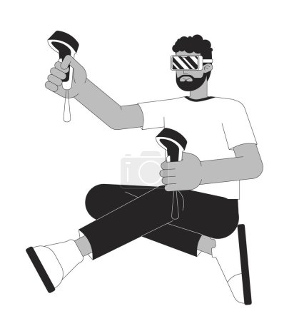 Téléchargez les illustrations : Noir joueur VR noir et blanc personnage de bande dessinée ligne 2D. Afro-Américain avec des lunettes vr et contrôleurs isolé contour vectoriel personne. Jeux vidéo monochromes illustration spot plat - en licence libre de droit