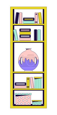 Shelving 2D linear cartoon object. Modern furniture for apartment decor. Shelves with books and vase isolated line vector element white background. Home interior decor color flat spot illustration