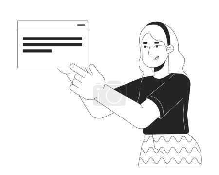 Illustration for Female programmer black and white 2D line cartoon character. Web design. Woman showing code block isolated vector outline person. Software development specialist monochromatic flat spot illustration - Royalty Free Image