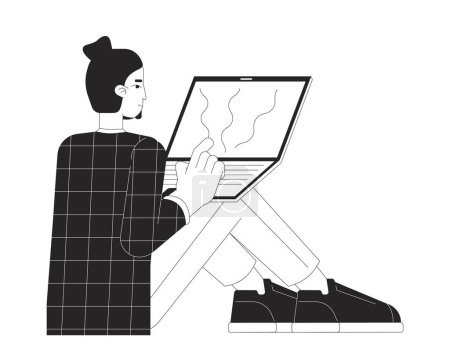 Illustration for Software development engineer black and white 2D line cartoon character. Computer technology. Man working on laptop isolated vector outline person. Programmer monochromatic flat spot illustration - Royalty Free Image