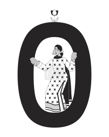 Indische Softwareentwicklerin schwarz-weiße 2D-Zeichentrickfigur. Frau in Ziffer Null isolierte Vektorumrandung Person. Binärcode-Teil bei der Programmierung monochromatischer Flatspot-Illustration