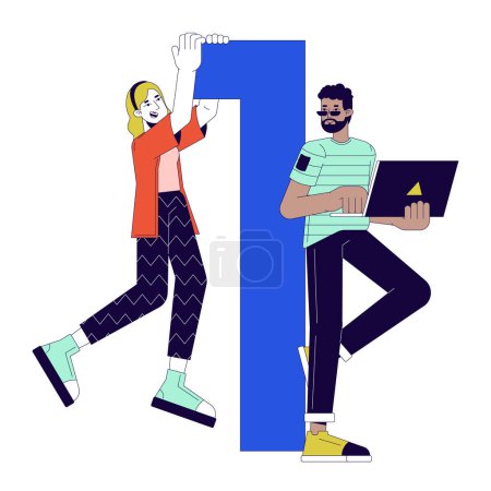 Illustration for Software development team 2D linear cartoon characters. Programmers colleagues with digit one isolated line vector people white background. Digital technology color flat spot illustration - Royalty Free Image