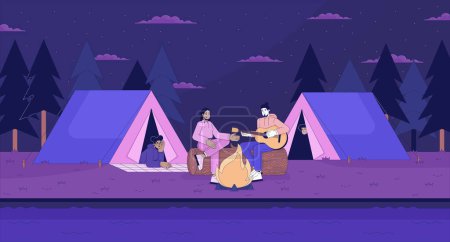Playing guitar friends camping tents line cartoon flat illustration. Bonfire night people multicultural 2D lineart landscape background. Feel nostalgic nighttime. Lo fi vibes scene vector color image