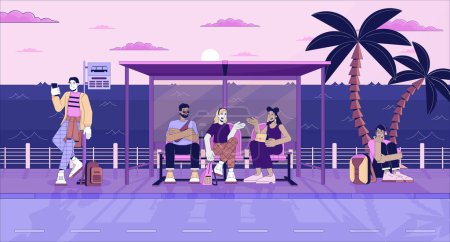Illustration for Seaside bus stop crowded line cartoon flat illustration. Commuter public transportation. People waiting for bus 2D lineart waterscape background. Feel nostalgic. Lo fi vibes scene vector color image - Royalty Free Image