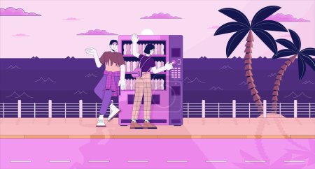 Illustration for Beverage vending machine friends line cartoon flat illustration. Twilight waterfront people asian young couple 2D lineart waterscape background. Feel nostalgic. Lo fi vibes scene vector color image - Royalty Free Image