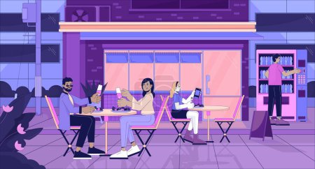 Sidewalk Restaurant am Abend Linie Cartoon flache Illustration. Dining Paar, allein Mädchen Abendessen 2D lineare Stadtbild Hintergrund. Innenstadtcafé. Man fühlt sich nostalgisch. Lo fi vibes Szene Vektor Farbbild