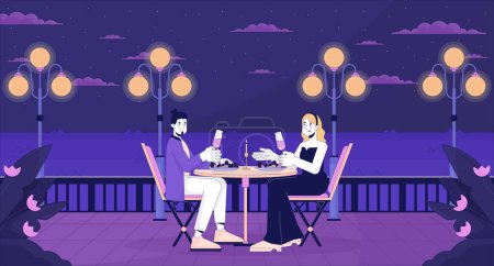 Illustration for Romantic restaurant near seaside line cartoon flat illustration. Honeymoon heterosexual couple falling in love 2D lineart waterscape background. Waterfront dining. Lo fi vibes scene vector color image - Royalty Free Image