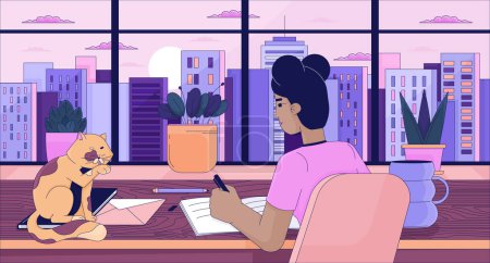 Lofi study girl with cat line cartoon flat illustration. Black female doing homework 2D lineart cityscape background. Notebook writing desk. Deep thoughts. Lo fi vibes scene vector color image