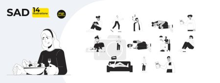 Seasonal depression black and white cartoon flat illustration bundle. Psychologist, tired people 2D lineart characters isolated. Anxiety, insomnia SAD monochrome vector outline image collection