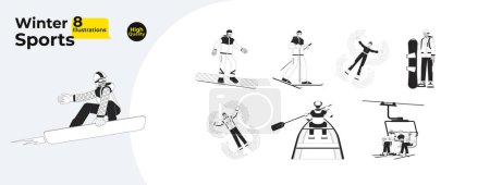 Téléchargez les illustrations : Station de ski dans les montagnes enneigées noir et blanc dessin animé plat illustration bundle. Ski lift, snowboarder skier vêtements de plein air personnages 2D linéaires isolés. Collection d'images vectorielles monochromes d'hiver - en licence libre de droit