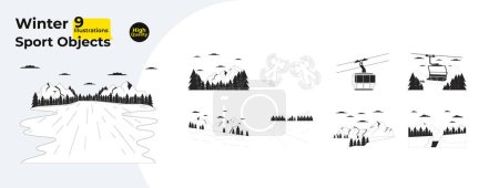 Resort temporada de invierno blanco y negro 2D línea de dibujos animados objetos paquete. Skilift, snowboard montañas aisladas vector contorno artículos colección. Paisajes invernales ilustraciones monocromáticas planos planos