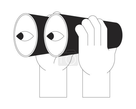Illustration for Holding powerful binoculars cartoon human hands outline illustration. Optical device outline 2D isolated black and white vector image. Tourist supplies flat monochromatic drawing clip art - Royalty Free Image
