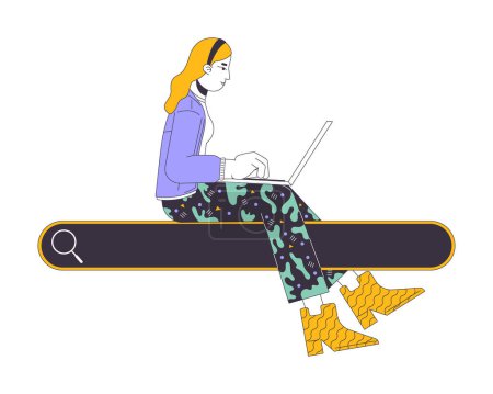 Mujer con portátil sentado en el cuadro de búsqueda 2D personaje de dibujos animados lineales. Mujer caucásica navegando por internet aislado línea vector persona fondo blanco. Información en línea ilustración plana del punto del color