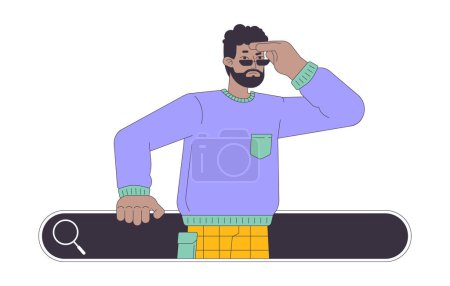 Man having problems with online search 2D linear cartoon character. Black male looking out of browser bar isolated line vector person white background. Internet sources color flat spot illustration