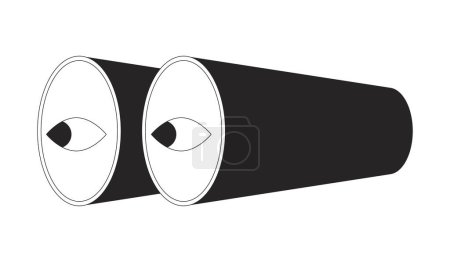 Prismáticos con ojos en lentes blanco y negro objeto de dibujos animados de línea 2D. Observación de elementos con herramienta óptica aislado línea vector elemento fondo blanco. Reloj monocromático plano punto ilustración