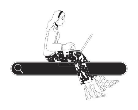 Mujer con portátil sentado en la caja de búsqueda en blanco y negro personaje de dibujos animados 2D línea. Mujer caucásica navegando por internet aislado vector contorno persona. Información ilustración monocromática plana por puntos
