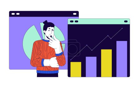 Illustration for Web data analyst 2D linear illustration concept. Statistician caucasian man cartoon character isolated on white. Webpages analytics trader male metaphor abstract flat vector outline graphic - Royalty Free Image