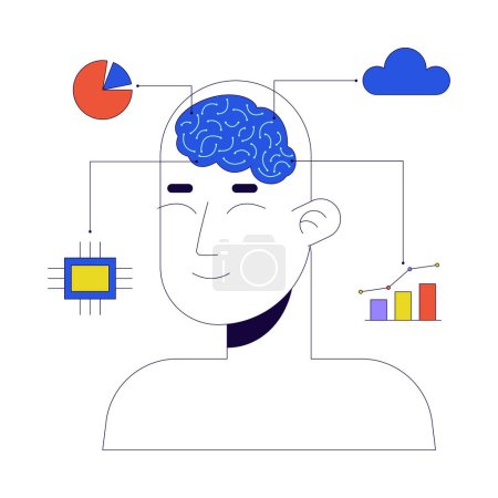 Illustration for AI data analytics 2D linear illustration concept. Artificial intelligence brain cartoon character isolated on white. Machine learning. Business analysis metaphor abstract flat vector outline graphic - Royalty Free Image