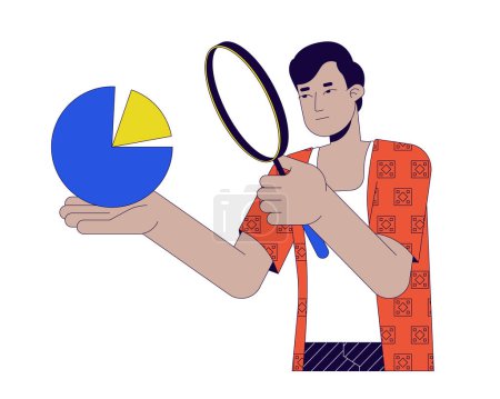 Lupa científica de datos Concepto de ilustración lineal 2D. Hombre indio con lupa sosteniendo gráfico personaje de dibujos animados aislado en blanco. Estrategia planificación metáfora abstracta plano vector contorno gráfico