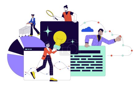 Data analysis team 2D linear illustration concept. Web analysts people multicultural cartoon characters isolated on white. Marketing analytics commerce metaphor abstract flat vector outline graphic