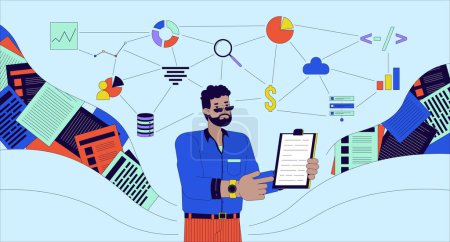 Data analyst skills 2D linear illustration concept. African-american male analysis expert holding clipboard cartoon scene on blue background. Database management metaphor abstract flat vector graphic