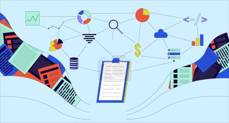 Database management 2D linear illustration concept. Corporate planning cartoon scene on blue background. Statistics graph charts. Forecasting business analytics metaphor abstract flat vector graphic