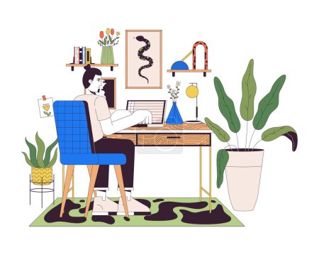 Illustration for Home office line cartoon flat illustration. European man working on laptop 2D lineart character isolated on white background. Comfortable domestic workplace interior scene vector color image - Royalty Free Image