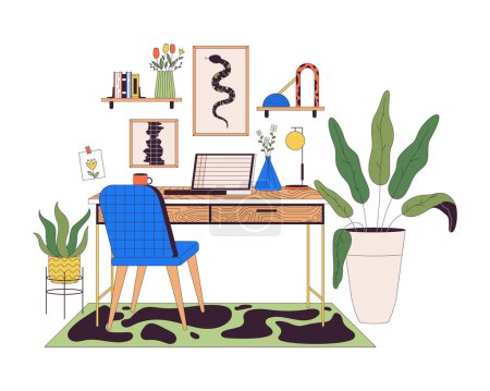 Home office with laptop line cartoon flat illustration. Cozy remote workplace furniture 2D lineart objects isolated on white background. Working from living apartment scene vector color image