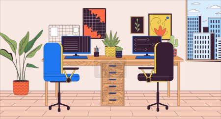 Double desk at home office cartoon flat illustration. Workplace for two computer users 2D line interior colorful background. Well equipped freelancer workspace scene vector storytelling image