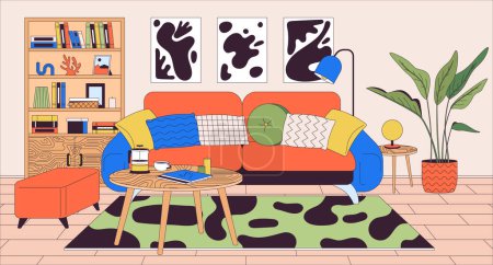 Illustration for Living room furnishing cartoon flat illustration. Soft sofa and coffee table in home design 2D line interior colorful background. Furniture arrangement in apartment scene vector storytelling image - Royalty Free Image