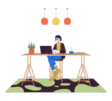 Ilustración de Línea de oficina no convencional ilustración plana de dibujos animados. Mujer asiática con portátil en la mesa de mostrador 2D carácter lineal aislado sobre fondo blanco. Programador escena del espacio de trabajo vector de imagen de color - Imagen libre de derechos