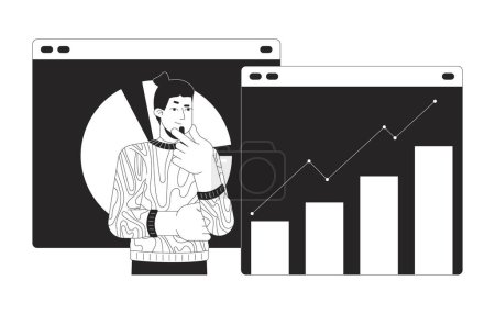 Illustration for Web data analyst black and white 2D illustration concept. Statistician caucasian man cartoon outline character isolated on white. Webpages analytics trader male metaphor monochrome vector art - Royalty Free Image