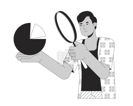 Datenwissenschaftler Lupe schwarz-weiß 2D-Illustrationskonzept. Indischer Mann mit Lupe in der Hand, Zeichentrickfigur auf weißem Hintergrund. Strategieplanung Metapher monochromer Vektor