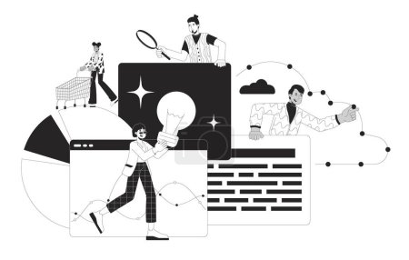 Illustration for Data analysis team black and white 2D illustration concept. Web analysts people multicultural cartoon outline characters isolated on white. Marketing analytics commerce metaphor monochrome vector art - Royalty Free Image