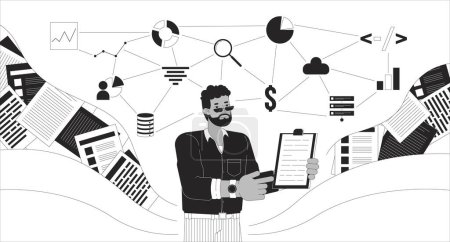 Data analyst skills black and white 2D illustration concept. African-american male analysis expert holding clipboard outline cartoon scene background. Database management metaphor monochrome vector