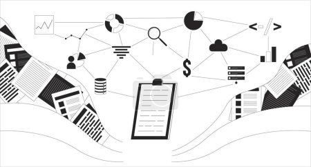 Database management black and white 2D illustration concept. Corporate planning outline cartoon scene background. Statistics graph charts. Forecasting business analytics metaphor monochrome vector art