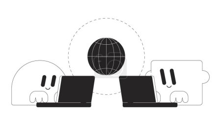 International data transfer black and white 2D illustration concept. Geometric personages typing laptops cartoon outline characters isolated on white. Information exchange metaphor monochrome vector