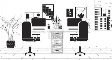 Double desk at home office black and white line illustration. Workplace for two computer users 2D interior monochrome background. Well equipped freelancer workspace outline scene vector image