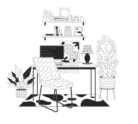 Comfortable home office interior black and white line illustration. Computer desk with chair and shelves 2D lineart objects isolated. Domestic workspace monochrome scene vector outline image