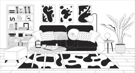 Illustration for Living room furnishing black and white line illustration. Soft sofa and coffee table in home design 2D interior monochrome background. Furniture arrangement in apartment outline scene vector image - Royalty Free Image