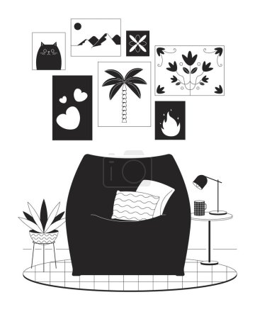 Illustration for Chill out corner black and white line illustration. Comfortable beanbag chair with small table and pictures 2D lineart objects isolated. Home interior monochrome scene vector outline image - Royalty Free Image