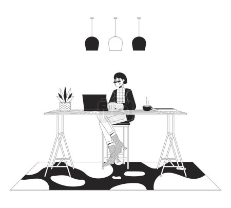 Illustration for Unconventional home office black and white line illustration. Asian woman with laptop at counter table 2D lineart character isolated. Programmer workspace monochrome scene vector outline image - Royalty Free Image