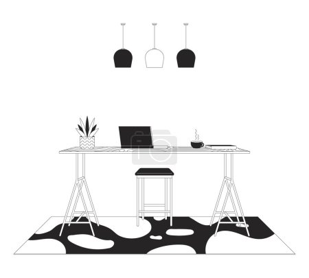 Ilustración de Muebles modernos de oficina en casa ilustración de línea en blanco y negro. Ordenador portátil en la mesa de mostrador alto objetos lineales 2D aislados. Lugar de trabajo diseño de interiores monocromo escena vector contorno imagen - Imagen libre de derechos